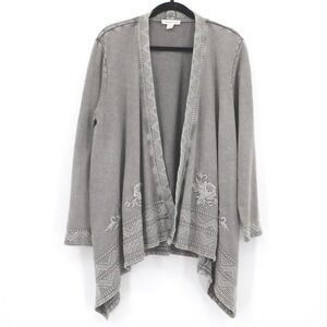 Coldwater Creek Embroidered Cardigan Womens PL Gray Boho Cottage Coastal Grandma